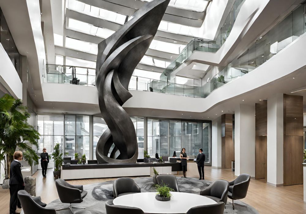corporate office with large sculpture in the middle