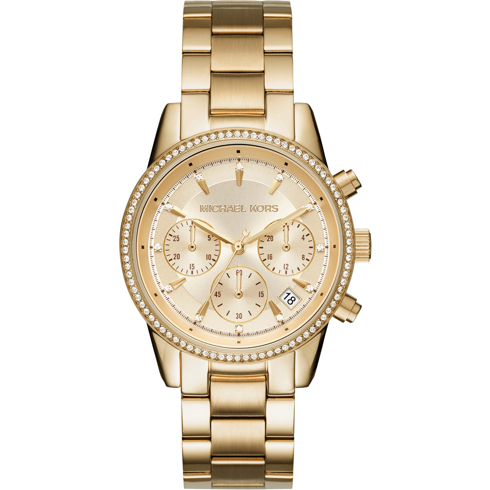 Michael Kors MK6356 Ritz Crystal Set Bezel Gold Toned Women's Watch –  mzwatcheslk