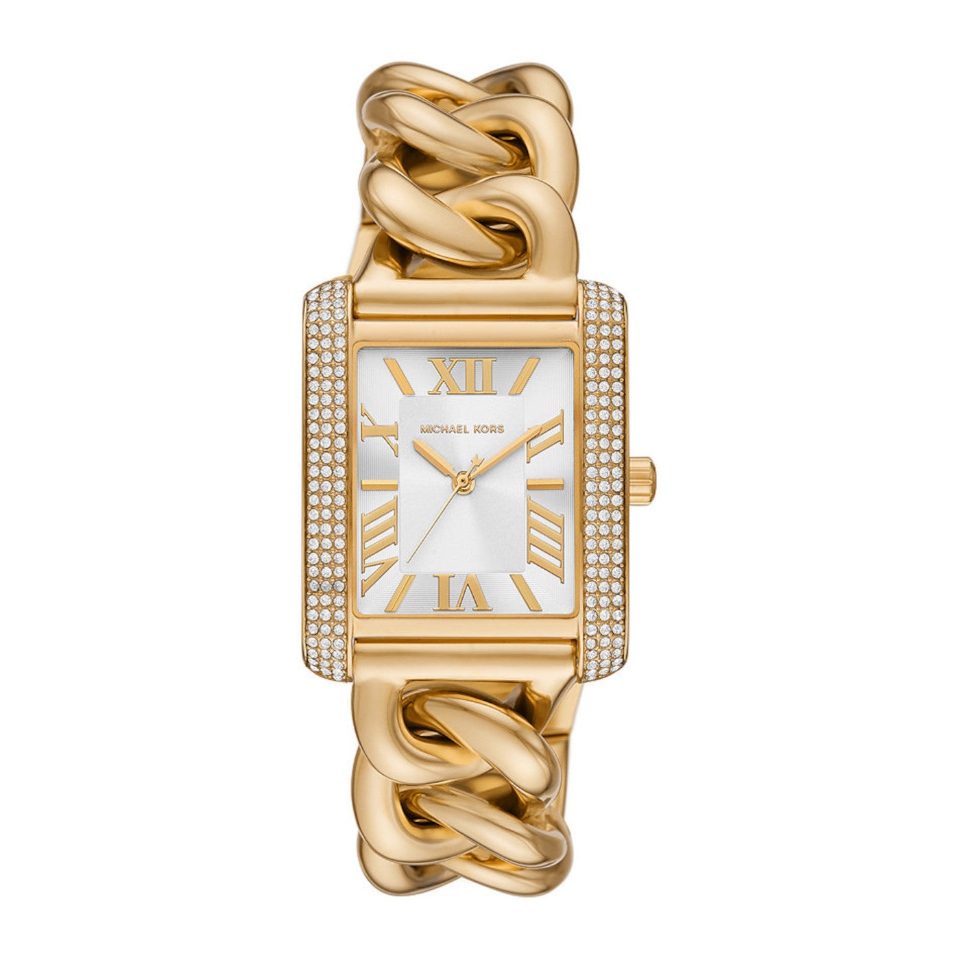 Michael Kors MK7300 Emery Silver Rectangular Dial Gold Chain Stainless –  mzwatcheslk