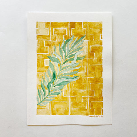 Image of watercolor painting of a plant leaf on top of yellow background.