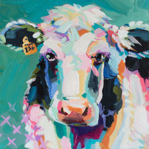 Painting of a cow face against a teal background.