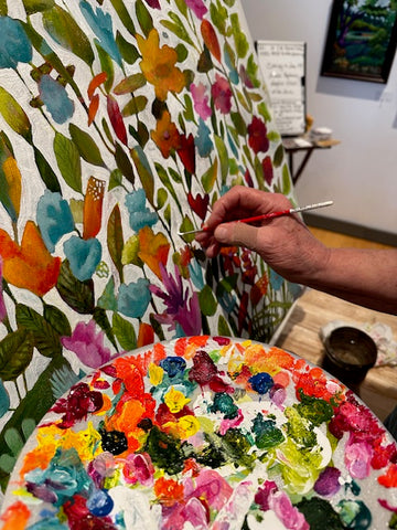 hand painting colorful bright floral on canvas