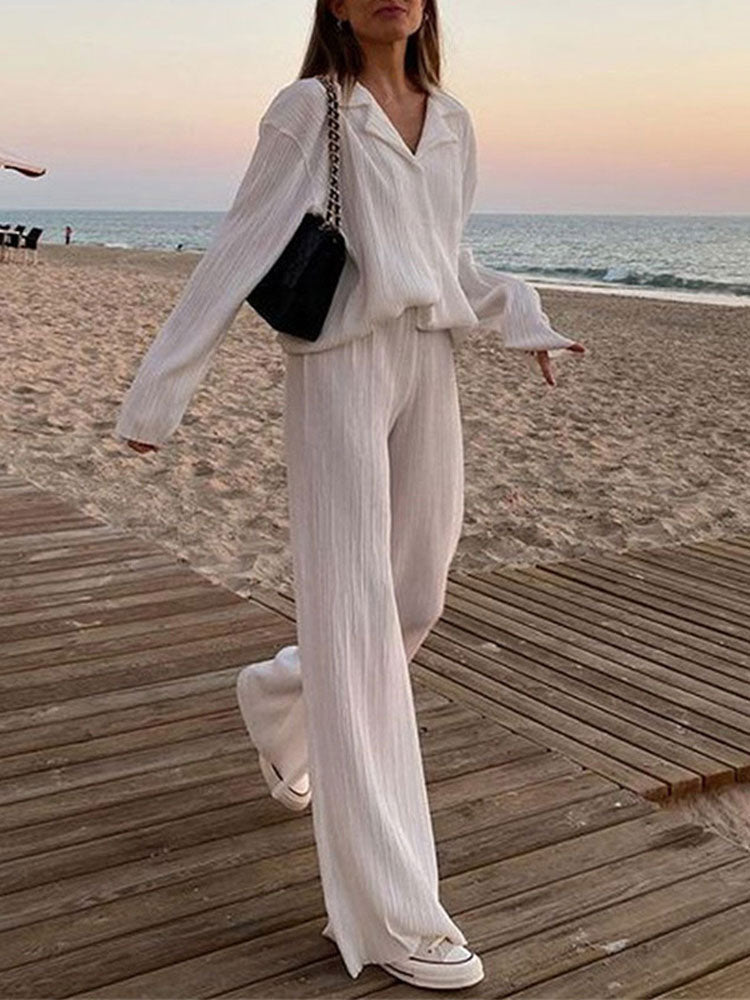 Spring Women's Shirt Pleated Two Piece Set Loose High Waist Wide Leg Pants Suit 2022 Casual Elegant Office Ladies Female Outfit