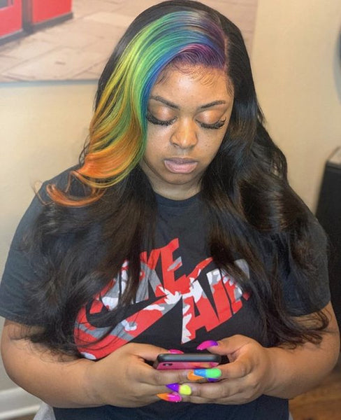 Sew in wavy hair with rainbow frontal