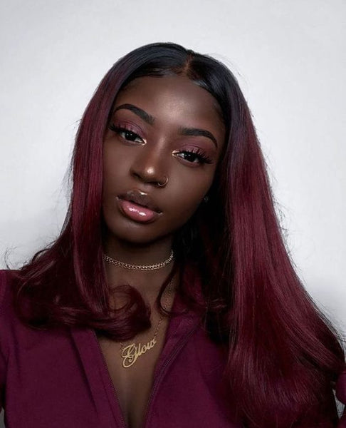 dark skin girl with burgundy hair