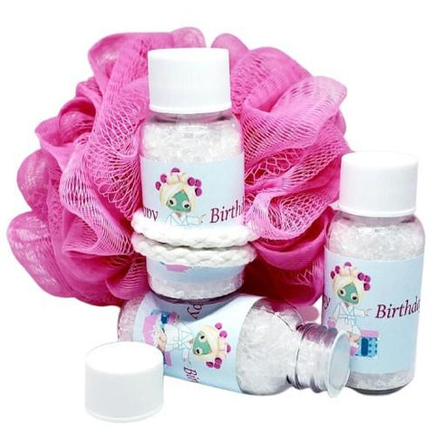 Personalized spa birthday party bath salt favors