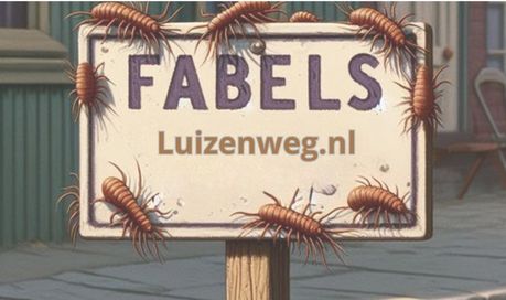 bordje met de tekst fabels en enkele luizen  kruipend op bord -luizenweg.nl