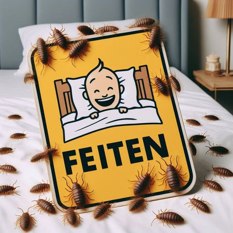 bordje met de tekst feiten en enkele luizen op bed -luizenweg.nl