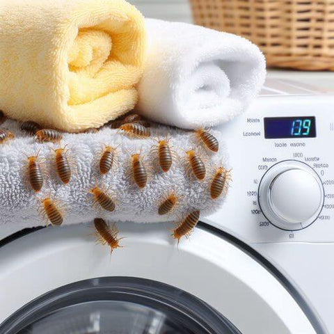 brown lice on colored laundry near a washing machine