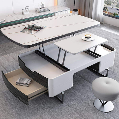 Modern White Lift Top Coffee Table with Storage Stone Top & Carbon Steel Base Extendable