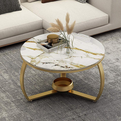 Round Coffee Table with Stone Top & Metal Base