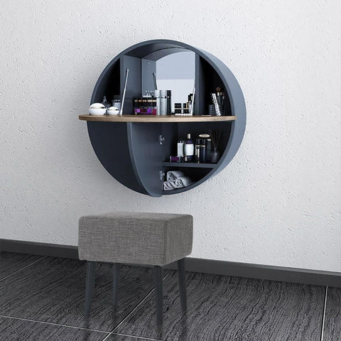 Juego de tocador de maquillaje de montaje en pared redondo gris moderno con espejo y taburete incluidos