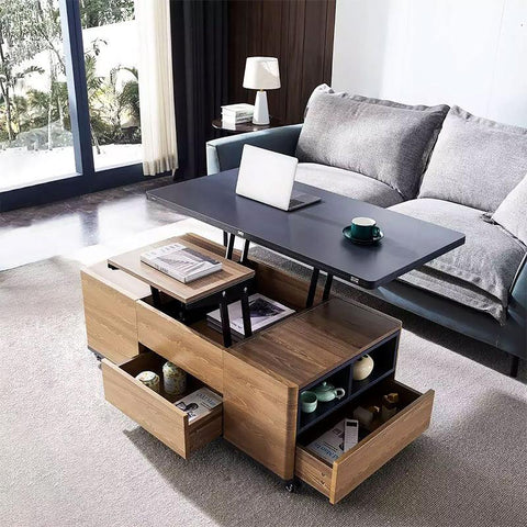 Modern Lift Top Coffee Table Multi-Functional Table with 3 Drawers in Walnut & Black