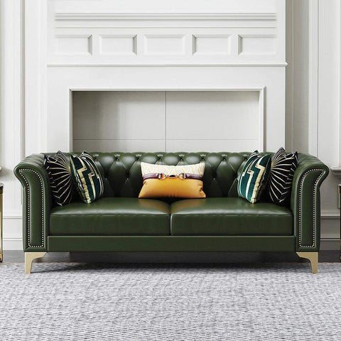 Sofá Chesterfield capitoné verde de 92.1" tapizado en cuero de microfibra de 3 plazas