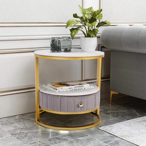 White Round Stone Side Table with Drawer Velvet Gold Finish