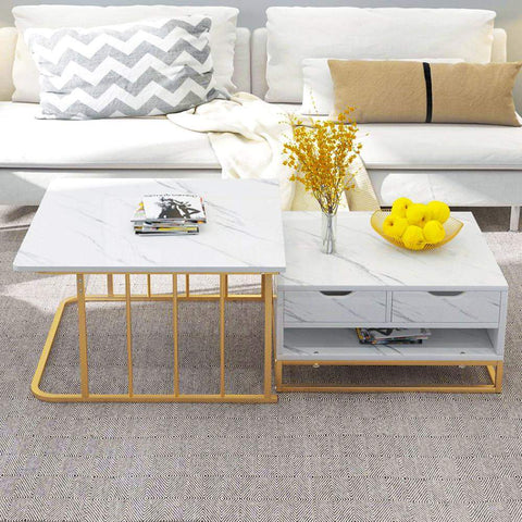 Modern Nesting Coffee Table Set of 2 in White with Drawers & Shelves