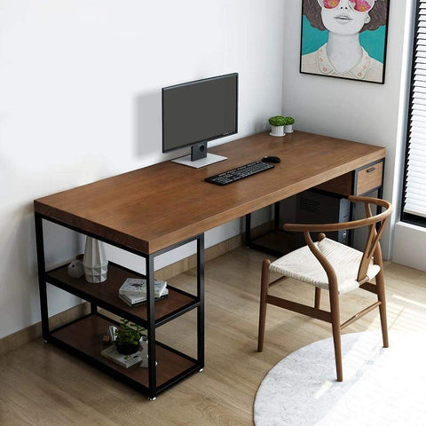 Rustic Pine Wood Computer Desk Black Loft Writing Desk with Drawers & Shel