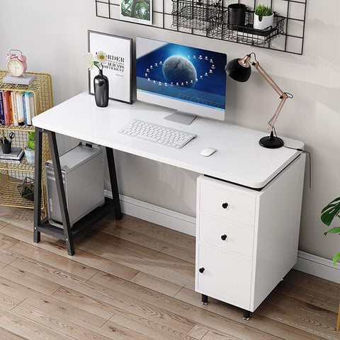 Black 47.2" Rectangular Desk with Drawers & Shelf Writing Desk Metal Legs
