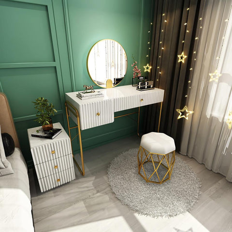 Modernes weißes Make-up-Waschtisch-Set mit Schrank, Hocker und Spiegel, 4-teiliges Schlafzimmer-Waschtisch-Set