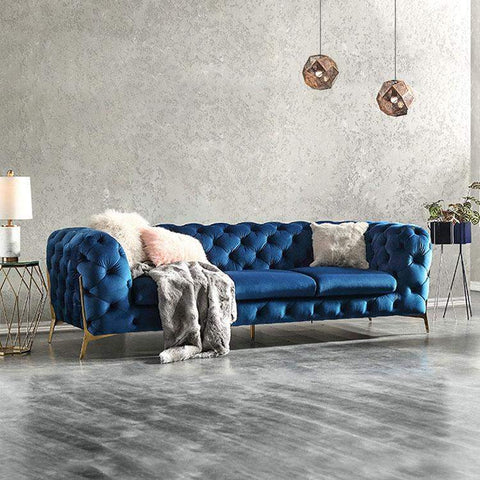 92" Blue Velvet Modern Chesterfield Sofa 3-Seater Button Tufted Back Leath-Aire Fabric