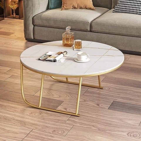 White Modern Coffee Table Metal Legs with Stone Tabletop