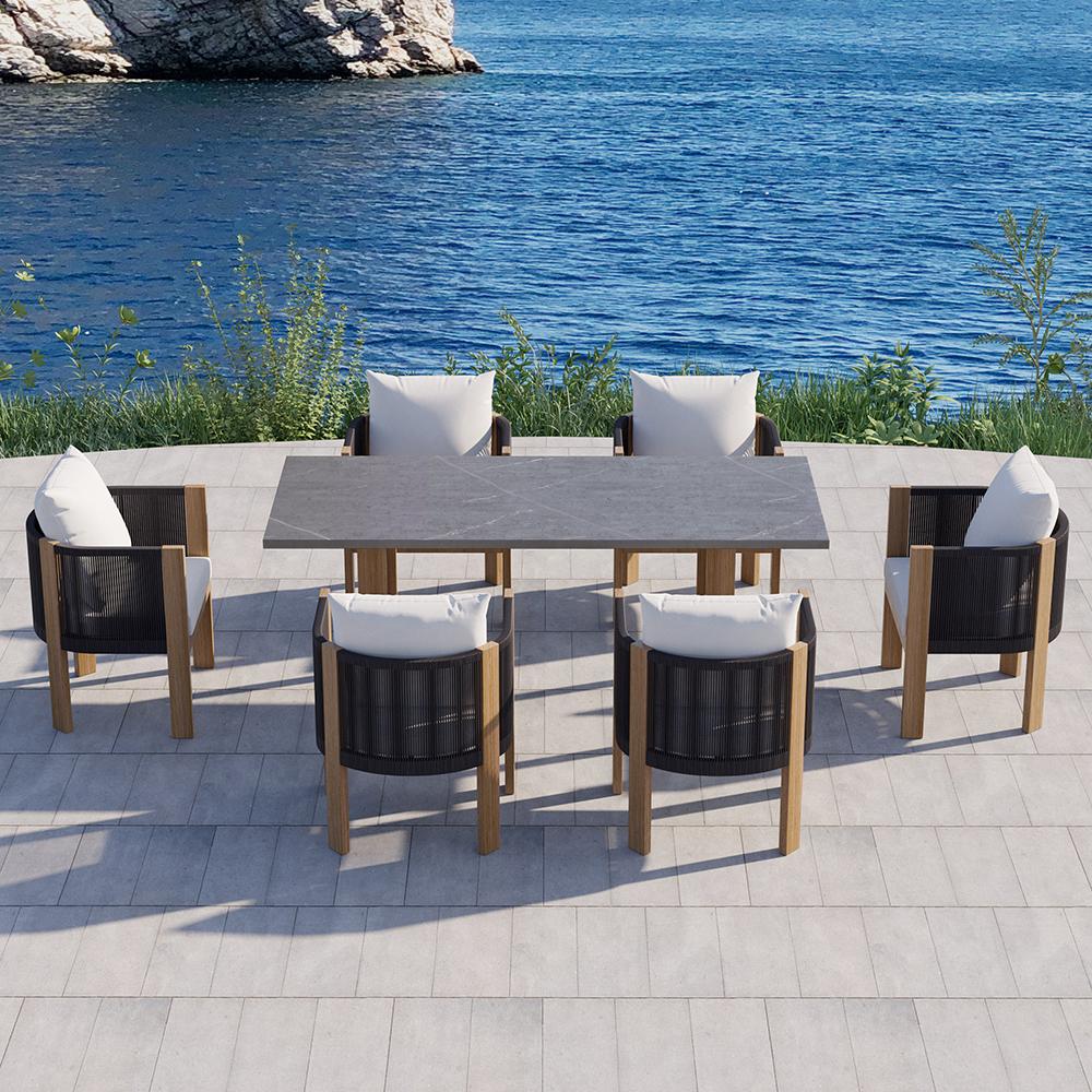 7 Pieces Modern Outdoor Dining Set with Marble Top Table and Woven Rope  Chair in Gray-Wehomz – WEHOMZ