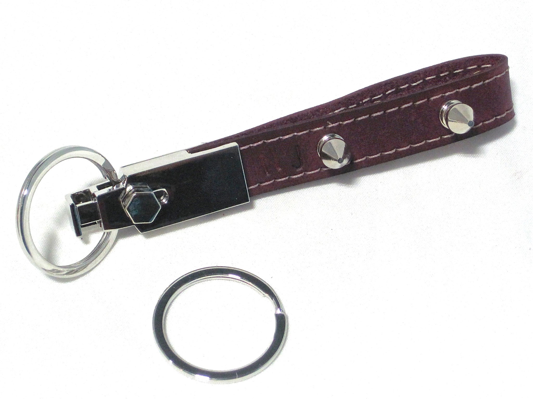 Leather and spike rivets two-ring spring-loaded key chain | Nyet Jewelry