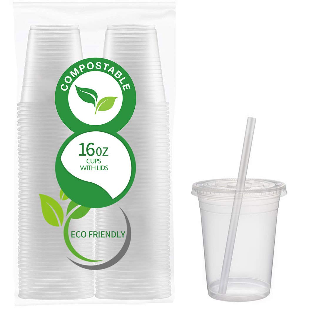 50 Count Eco Friendly Clear 16oz. PLA Cups with Lids