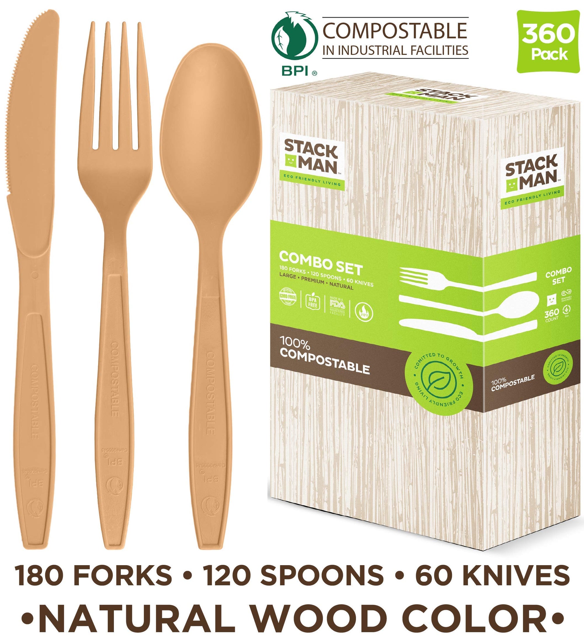 100% Compostable Forks Spoons and Knives - 380 Piece Eco Cutlery Combo Set - Eco Friendly Alternative to Plastic Silverware