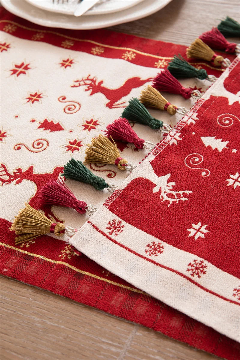 Luxurious Red Jacquard Tassel Table Runner for Christmas - Image 25