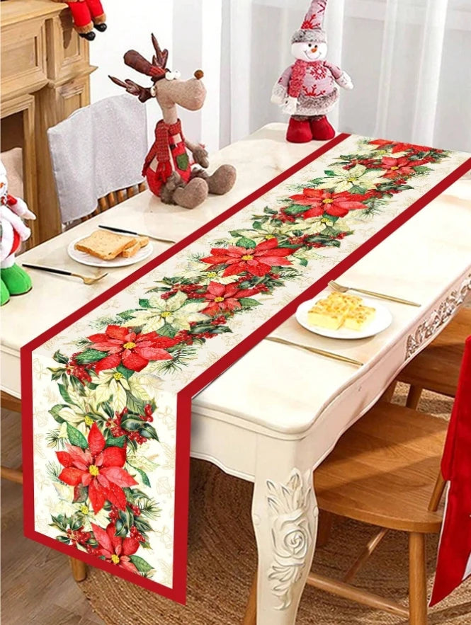 Christmas Poinsettia Linen Table Runner for Festive Decor - Image 2