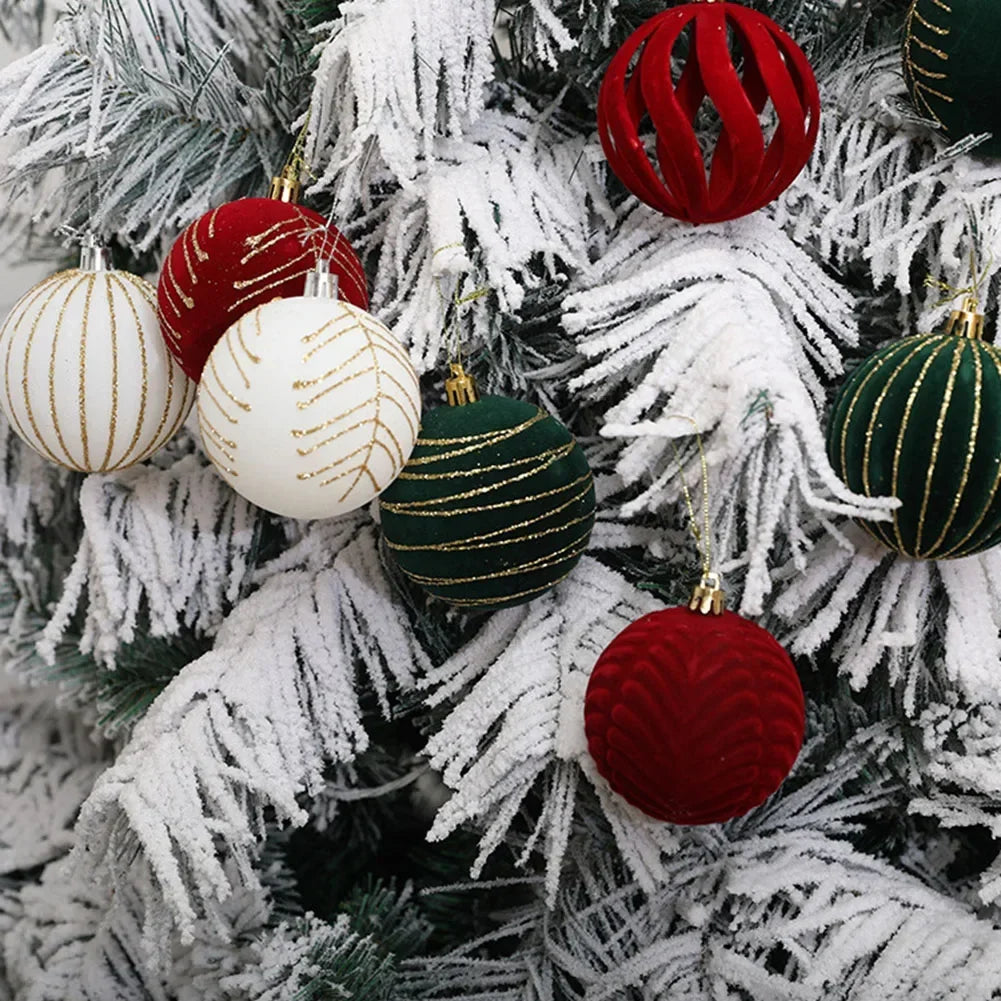 6PCS Flocking Christmas Ball Ornaments - Red & Green