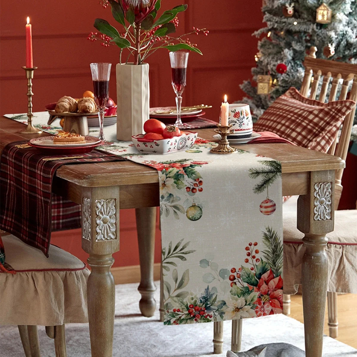Elegant Christmas Poinsettia Table Runner Decor - Image 3