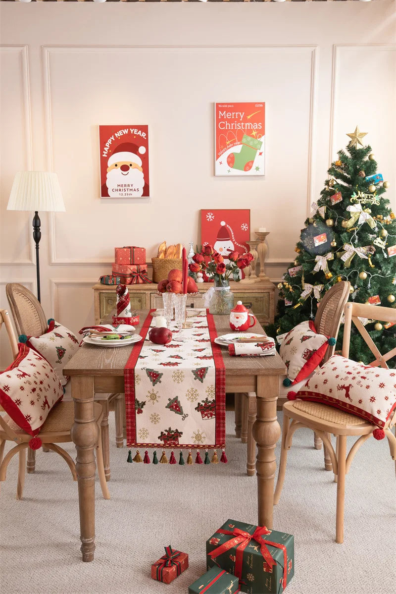 Luxurious Red Jacquard Tassel Table Runner for Christmas - Image 7