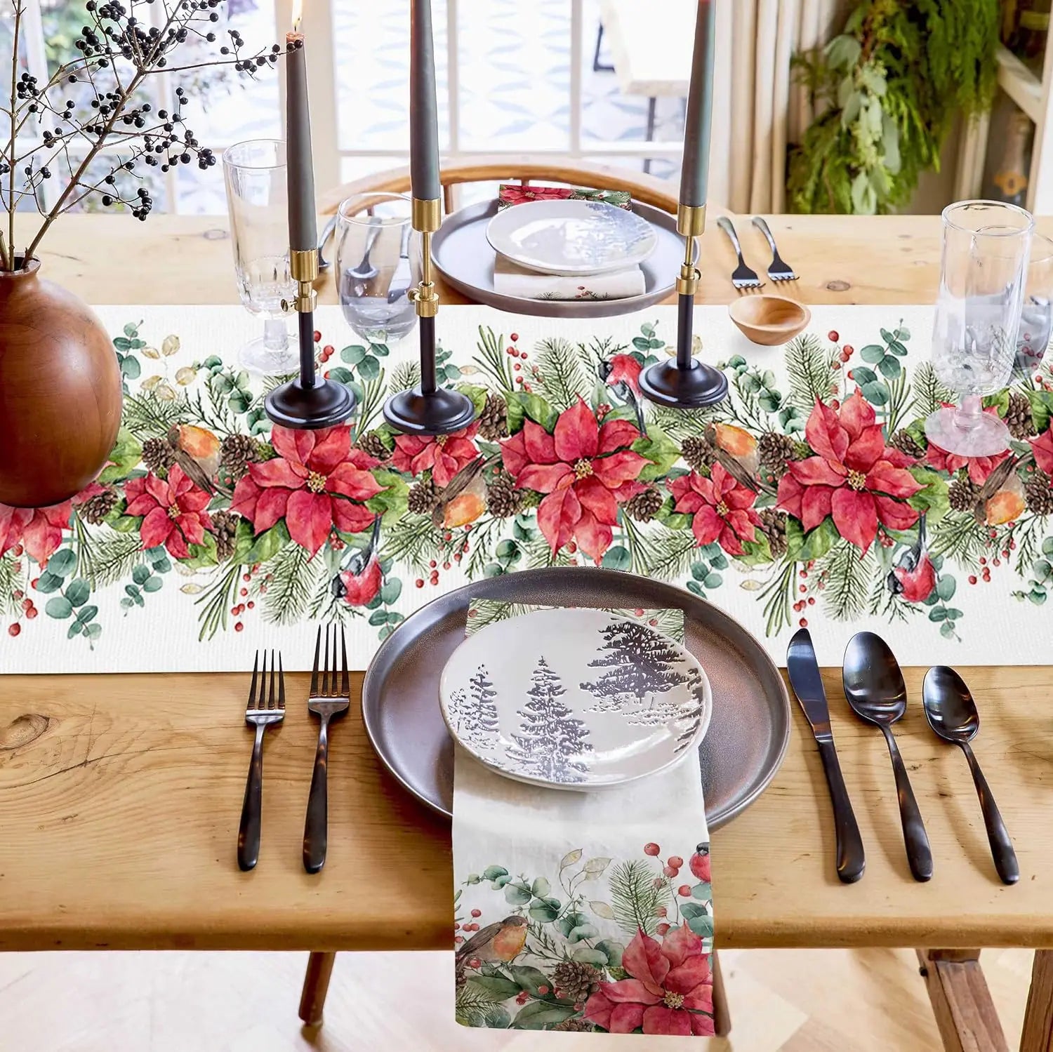 Festive Poinsettia & Pine Cone Table Runner - Image 4