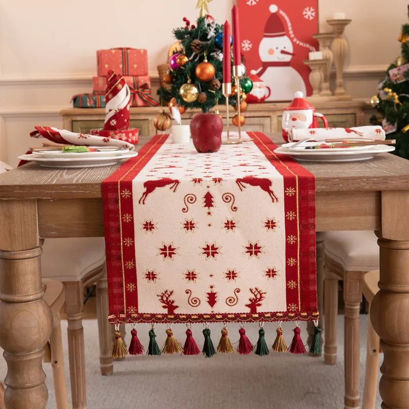 Luxurious Red Jacquard Tassel Table Runner for Christmas - Image 2