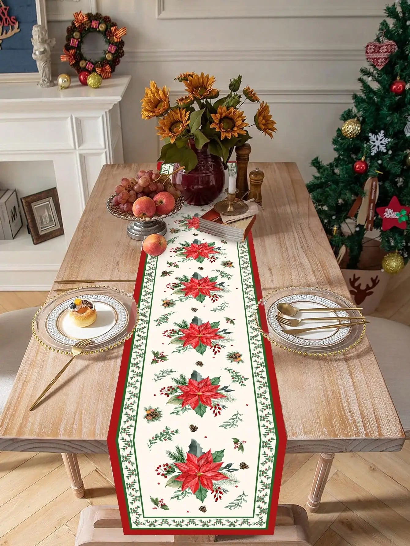 Christmas Poinsettia Linen Table Runner for Festive Decor - Image 8