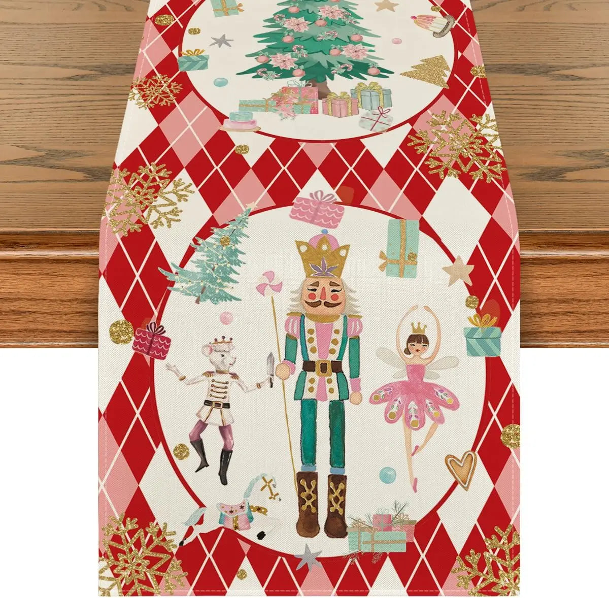 Christmas Pink Plaid Nutcracker Table Runner Decor - Image 4