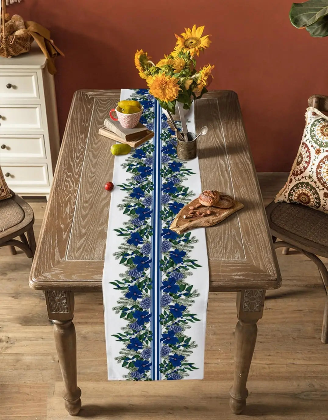 Elegant Blue Poinsettia Table Runner for Holidays - Image 5