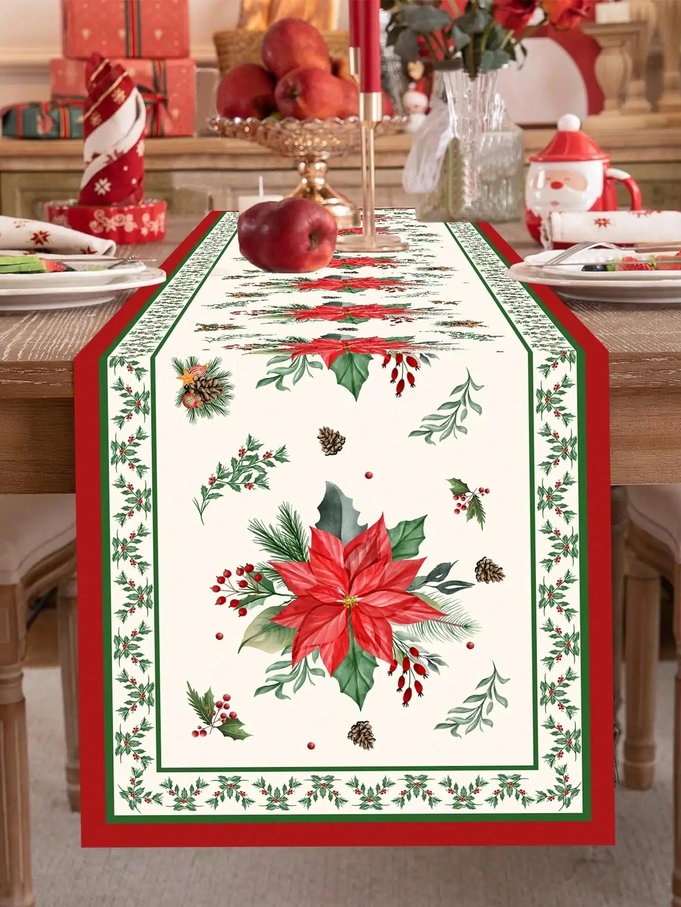 Christmas Poinsettia Linen Table Runner for Festive Decor - Image 5