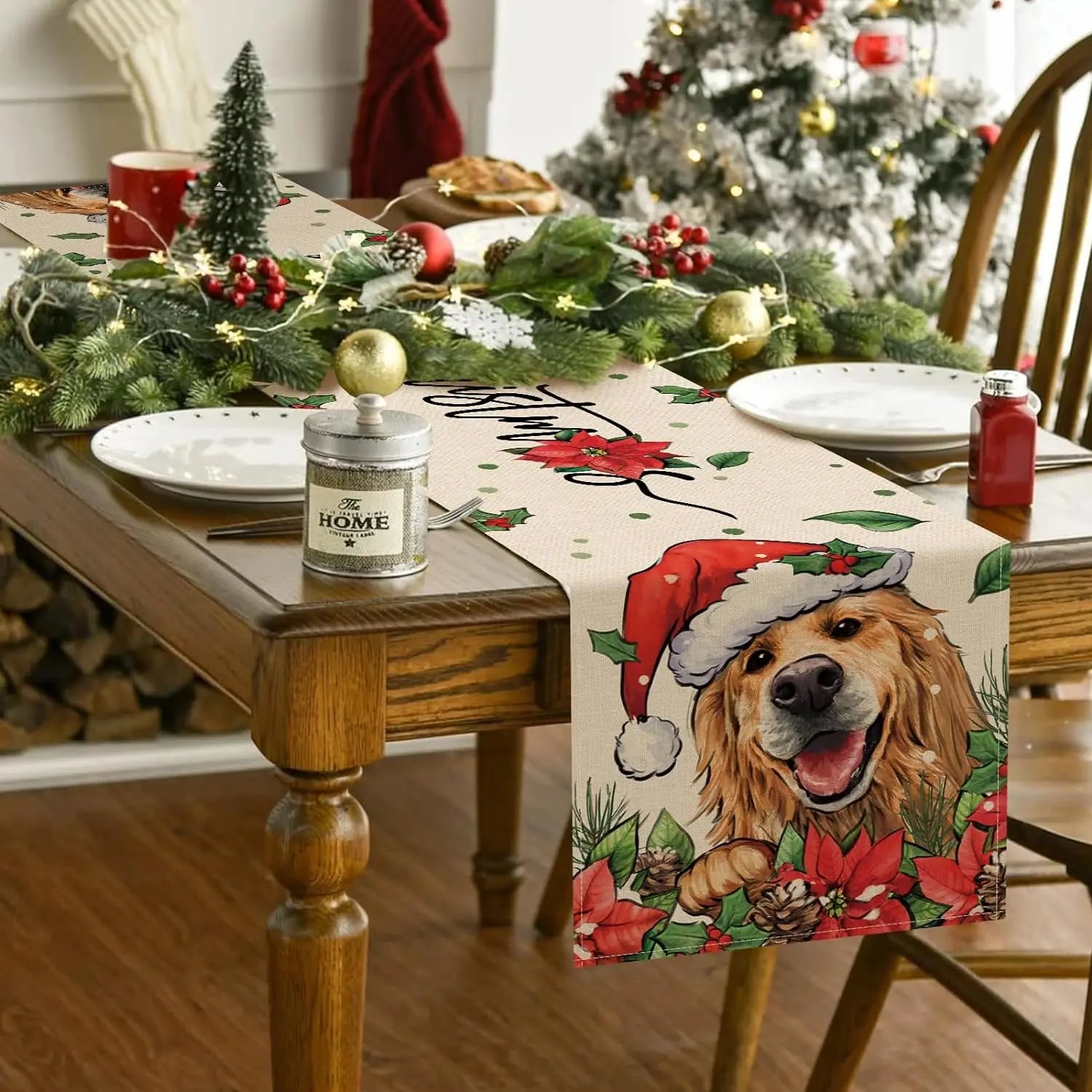 Festive Golden Retriever Poinsettia Table Runner - Image 3