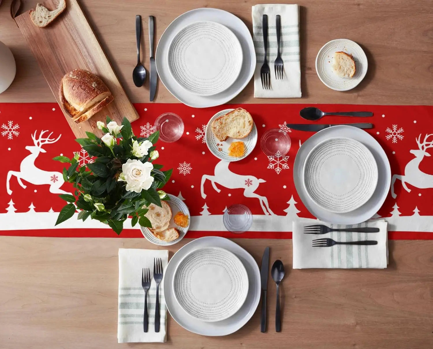 Festive Red Snowflake & Reindeer Table Runner - Image 3
