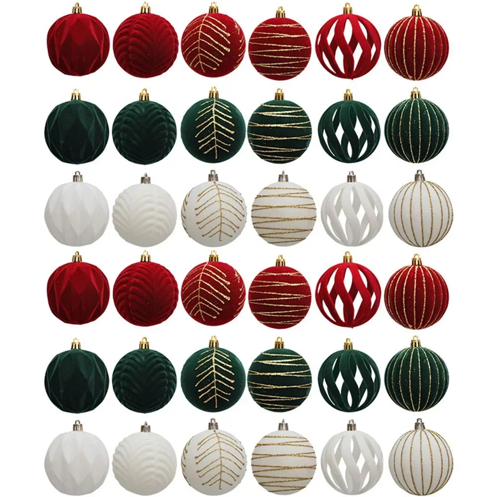 6PCS Flocking Christmas Ball Ornaments - Red & Green - Image 5