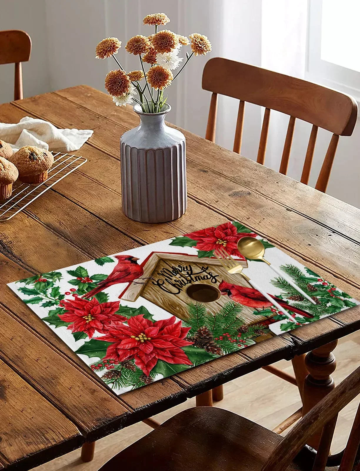 Festive Cardinal Poinsettia Birdhouse Table Mat - Image 4