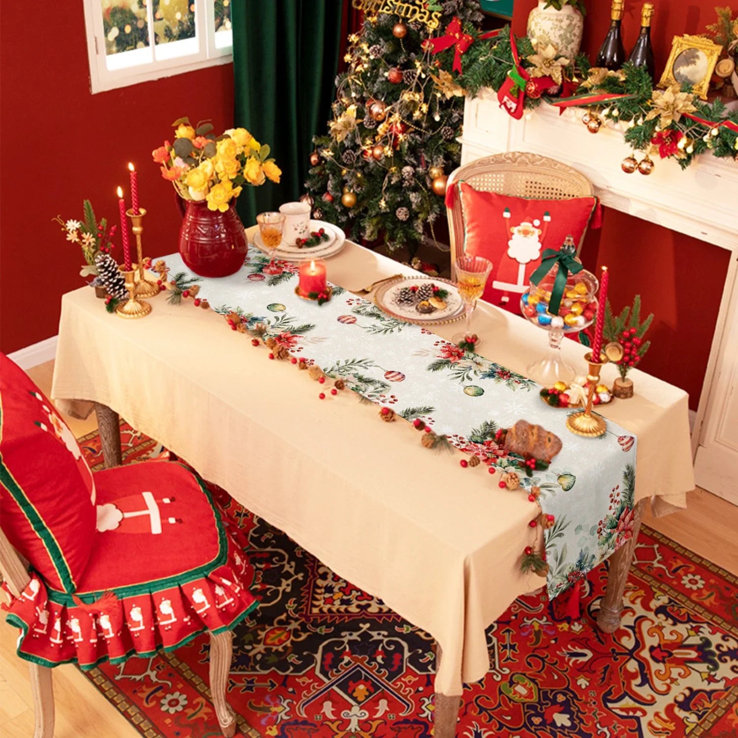 Elegant Christmas Poinsettia Table Runner Decor - Image 2