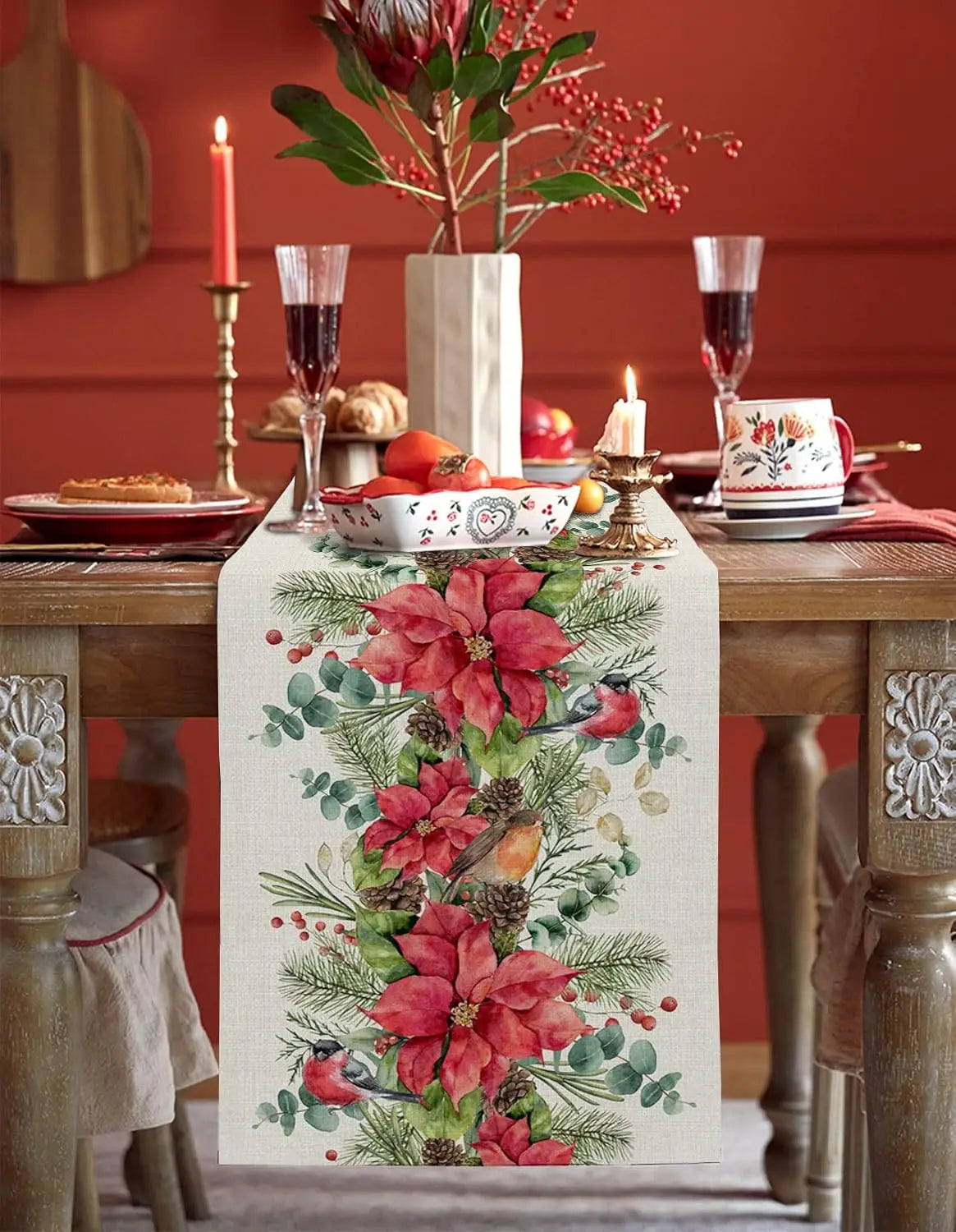Festive Poinsettia & Eucalyptus Linen Table Runner - Image 3