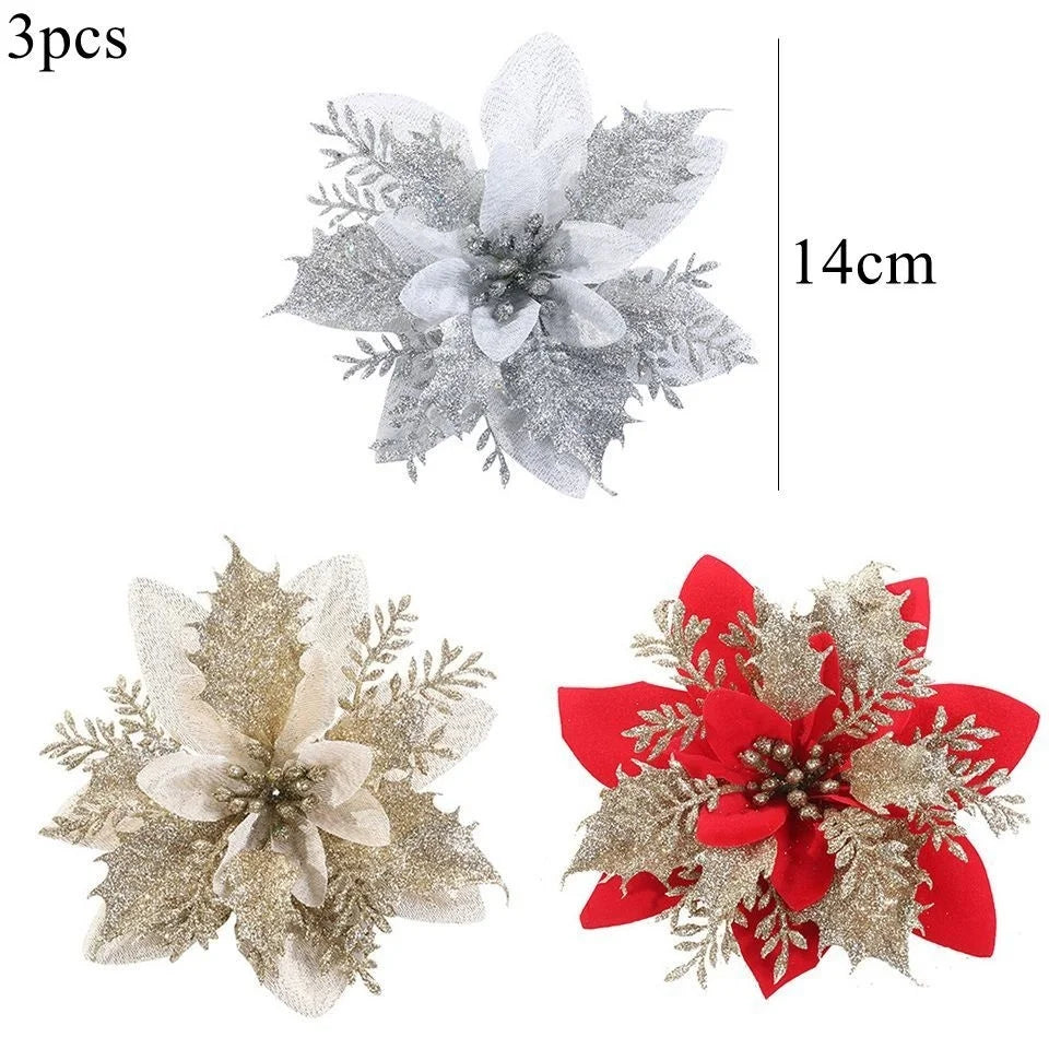 3PCS Red & Gold Christmas Flower Decorations - Image 8