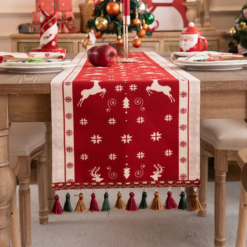 Luxurious Red Jacquard Tassel Table Runner for Christmas - Image 6