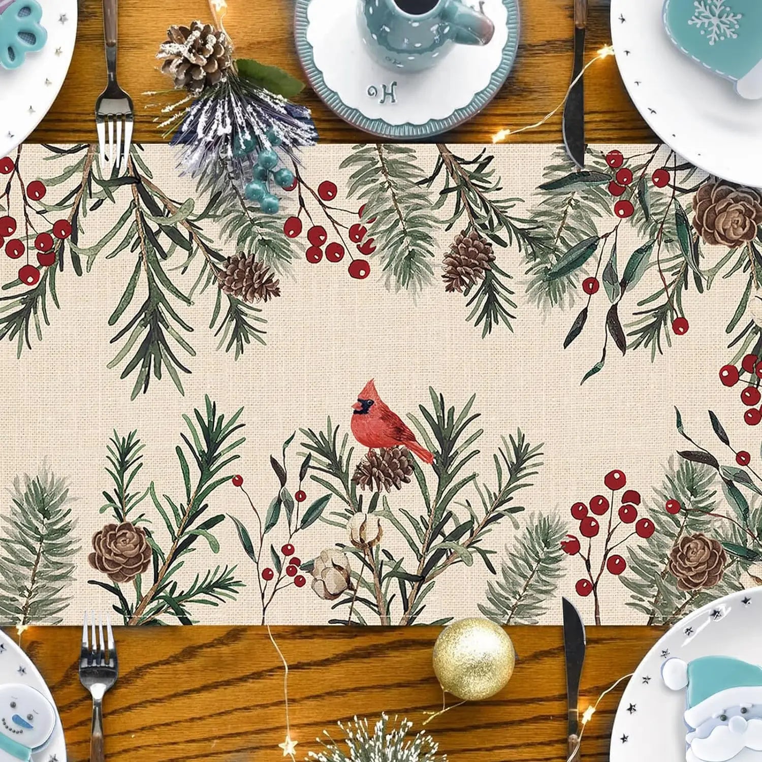 Festive Pine Cone & Cardinal Table Runner - Image 2