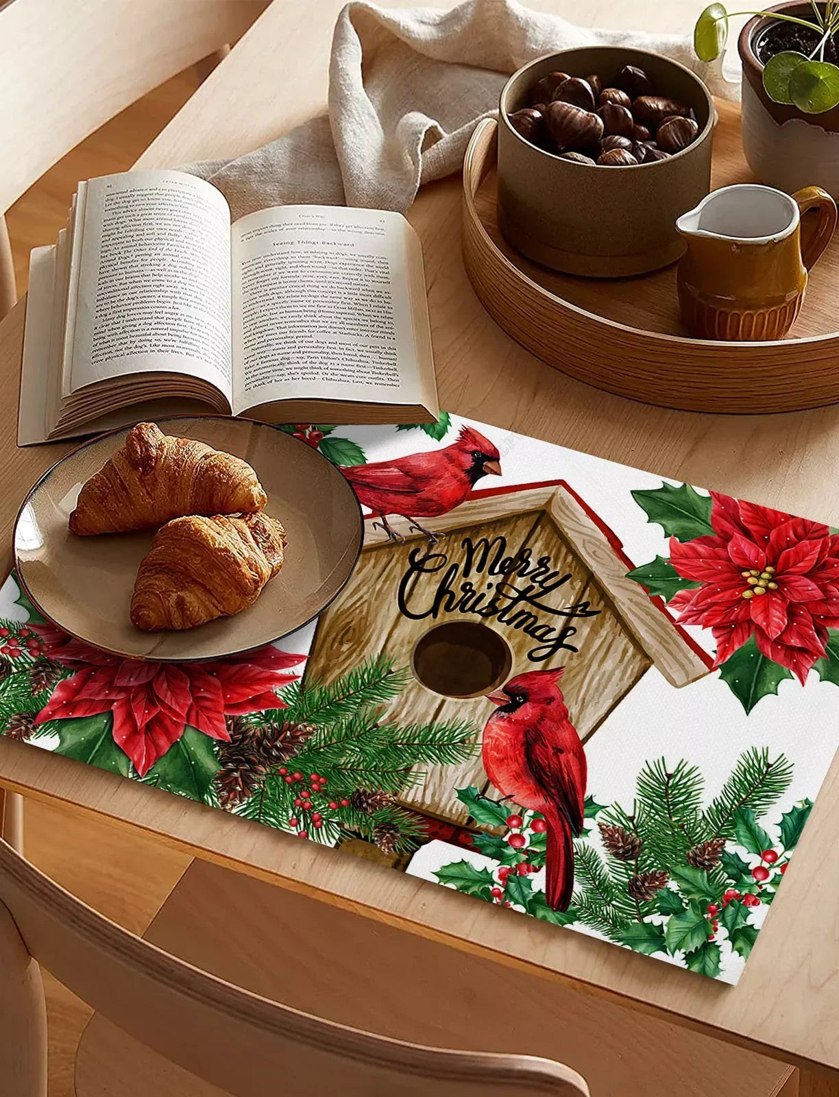 Festive Cardinal Poinsettia Birdhouse Table Mat - Image 5